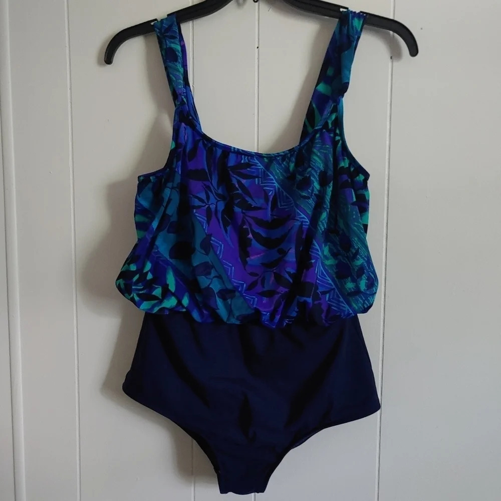 Sirena Signatures Sz 18 Navy Floral Print One Piece Swimsuit Vintage Made in USA